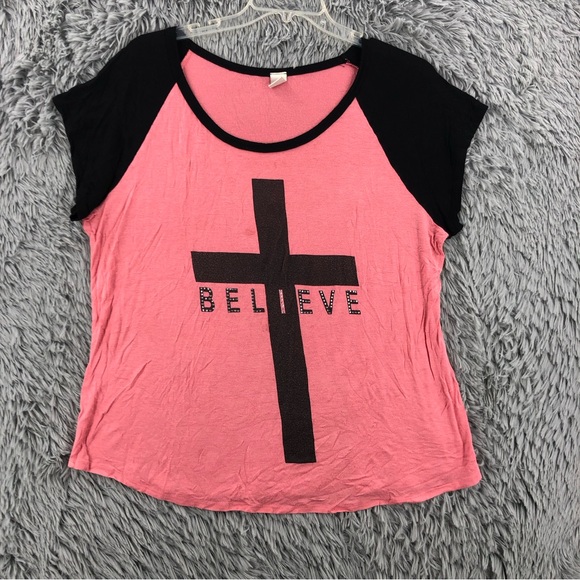 LA Teez Shirt Womens XL Embellished Believe Cross - Picture 1 of 8